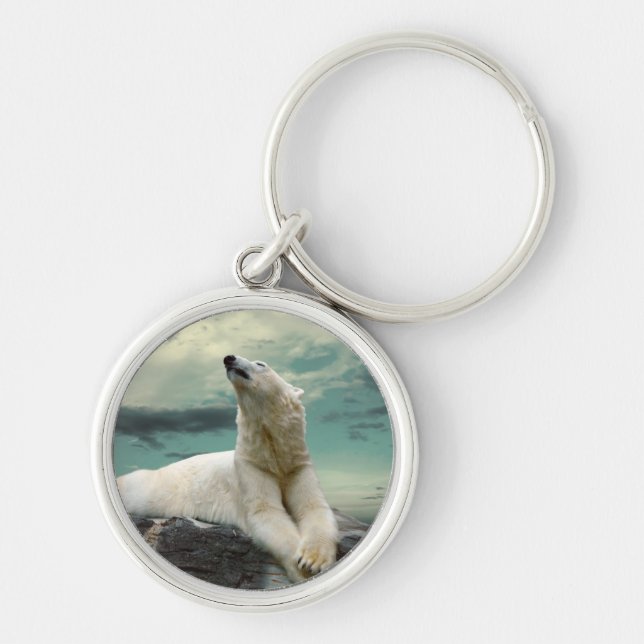 White Polar Bear Hunter on rock Key Ring (Front)