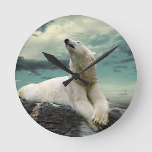 White Polar Bear Hunter on rock Round Clock