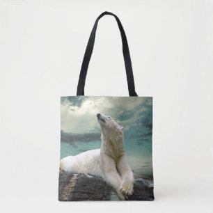 White Polar Bear Hunter on rock Tote Bag