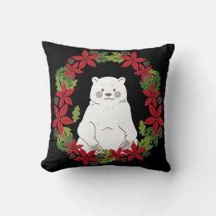 White Polar Bear in red flowers green Wreath Cushion