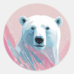 White polar bear, pink, blue background. classic round sticker