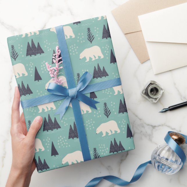 White Polar Bears Evergreen Trees in the Snow Wrapping Paper (Gifting)