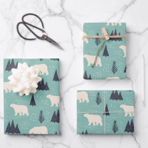 White Polar Bears Evergreen Trees in the Snow Wrapping Paper Sheet