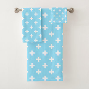 White polka crosses on baby blue bath towel set