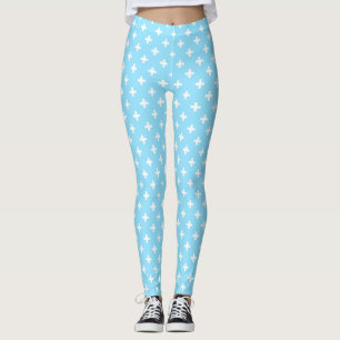 White polka crosses on baby blue leggings