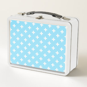 White polka crosses on baby blue metal lunch box