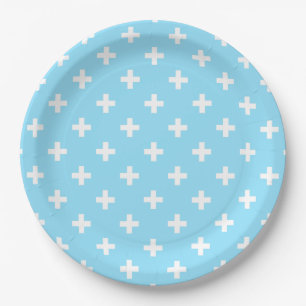 White polka crosses on baby blue paper plate