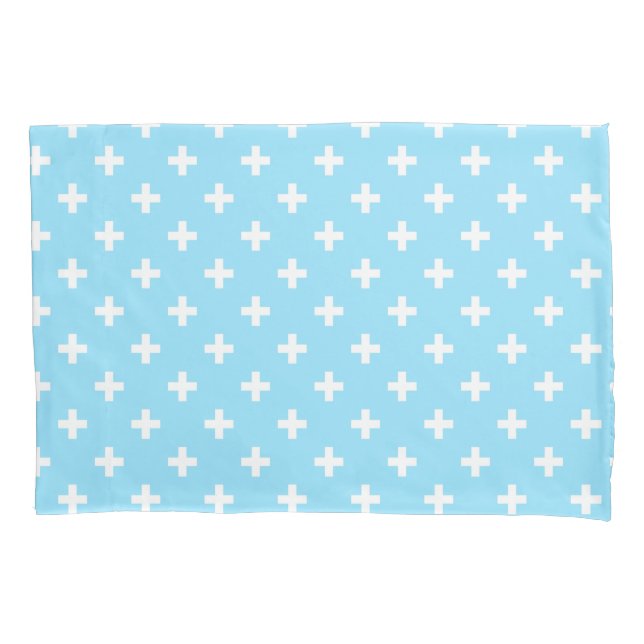 White polka crosses on baby blue pillowcase (Front)