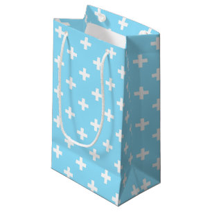 White polka crosses on baby blue small gift bag