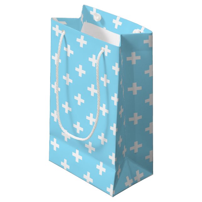 White polka crosses on baby blue small gift bag (Front Angled)