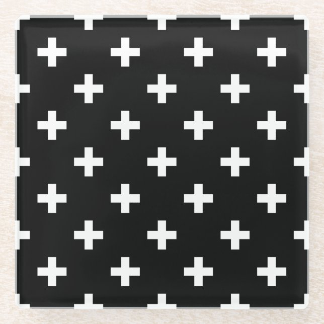 White polka crosses on black glass coaster (Front)