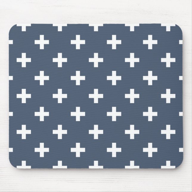 White polka crosses on blue-grey mouse mat (Front)