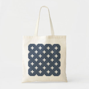 White polka crosses on blue-grey tote bag