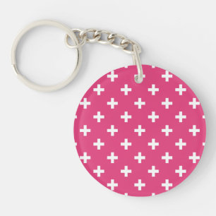 White polka crosses on fuchsia key ring