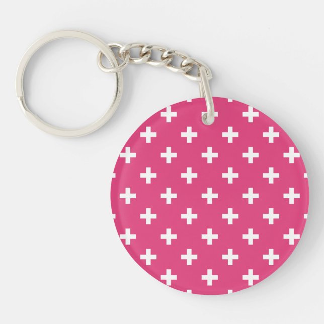 White polka crosses on fuchsia key ring (Front)