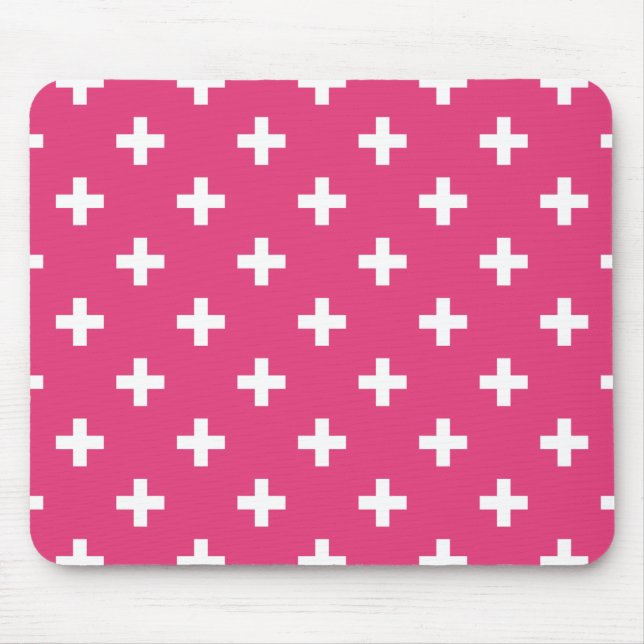 White polka crosses on fuchsia mouse mat (Front)