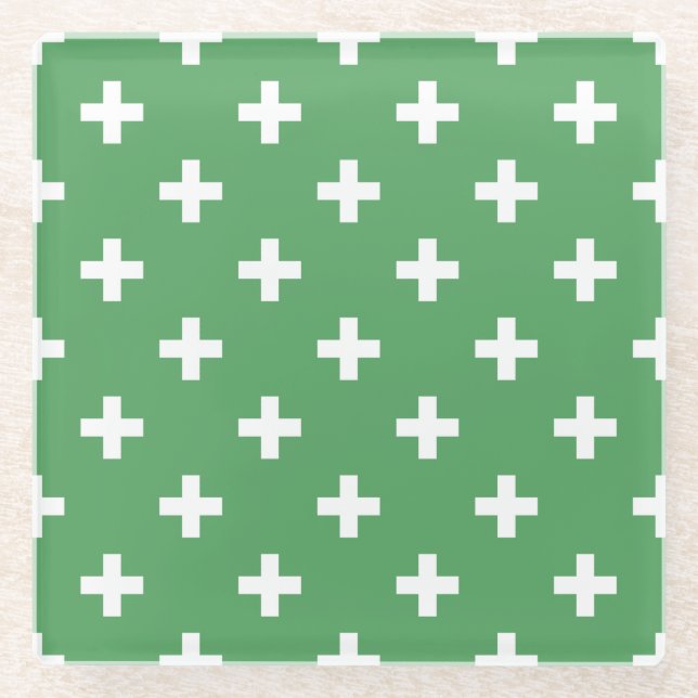 White polka crosses on green glass coaster (Front)