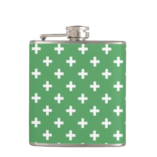 White polka crosses on green hip flask