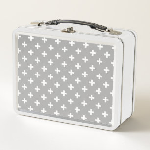 White polka crosses on grey metal lunch box