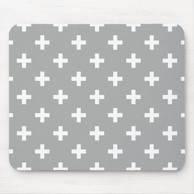 White polka crosses on grey mouse mat (Front)