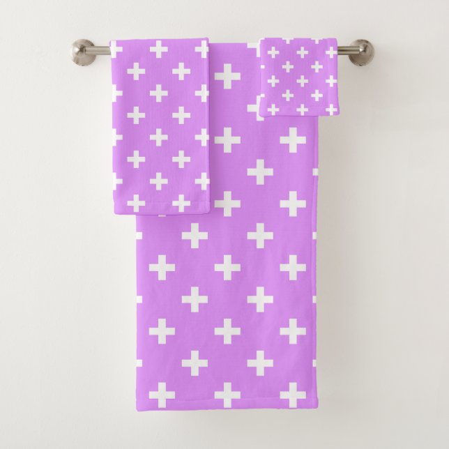 White polka crosses on lilac bath towel set (Insitu)