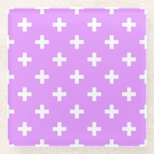White polka crosses on lilac glass coaster
