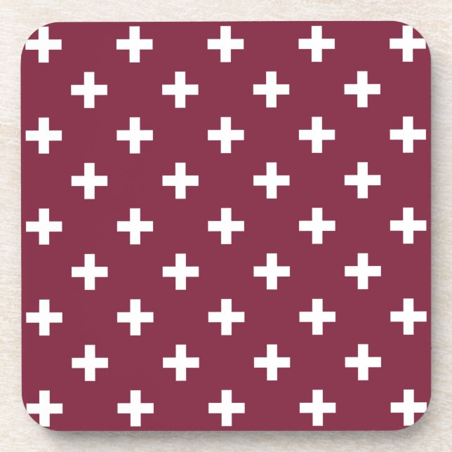White polka crosses on mulberry coaster (Front)