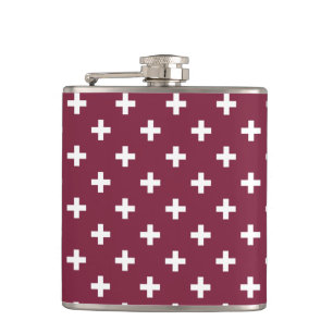 White polka crosses on mulberry hip flask