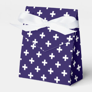 White polka crosses on navy blue favour box