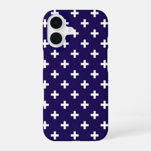 White polka crosses on navy blue iPhone 16 case