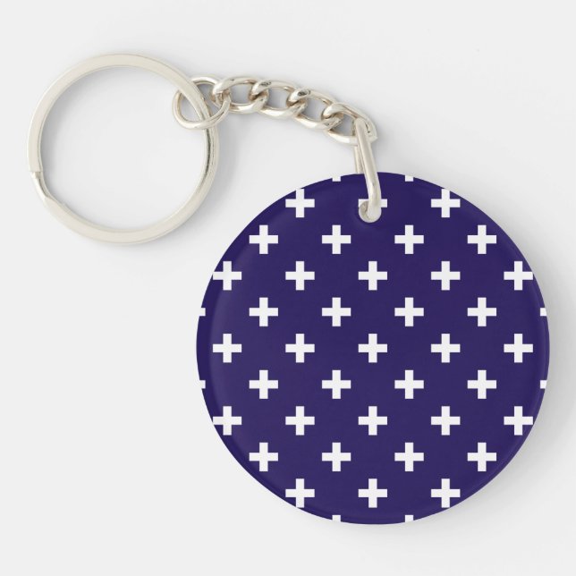 White polka crosses on navy blue key ring (Front)