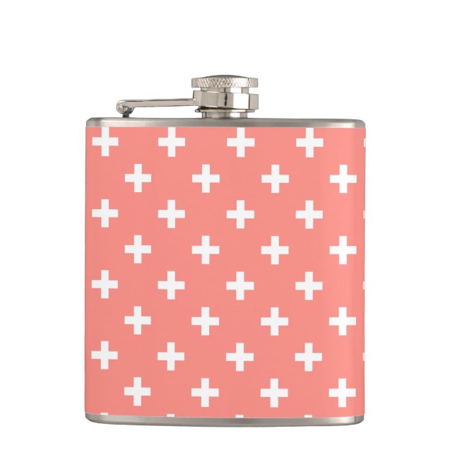 White polka crosses on peach hip flask (Front)