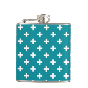 White polka crosses on teal hip flask