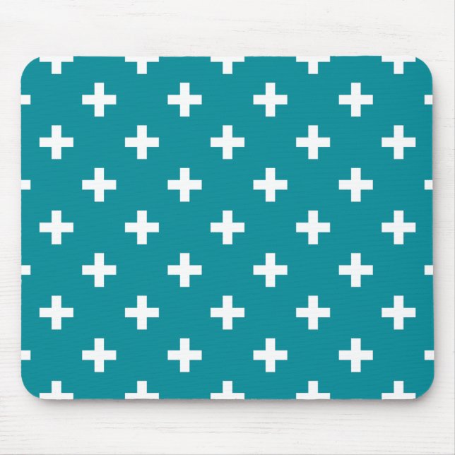 White polka crosses on teal mouse mat (Front)