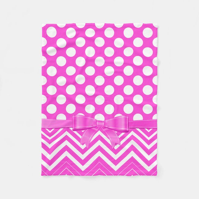 White Polka Dot And Chevron And Pink Ribbon Fleece Blanket (Front)