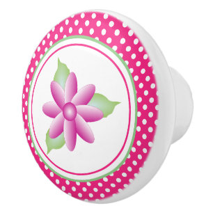 White Polka Dot and Pink Floral Ceramic Knob