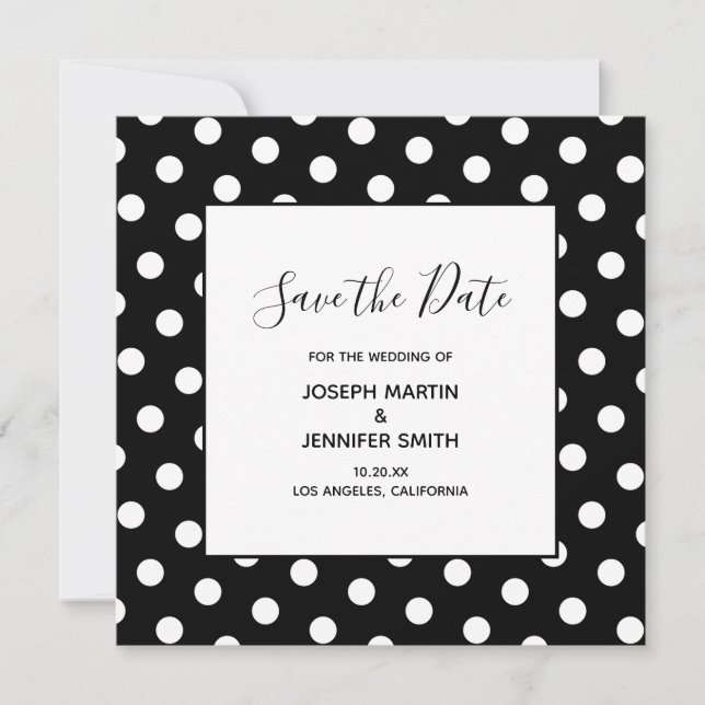 White Polka Dot Elegant Calligraphy Save the Date (Front)