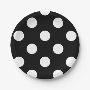 White Polka Dot on Black Pattern Paper Plate