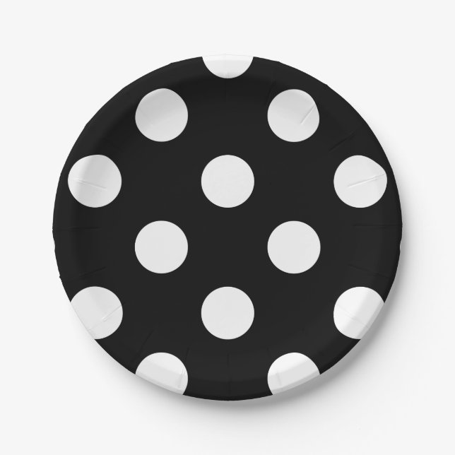 White Polka Dot on Black Pattern Paper Plate (Front)