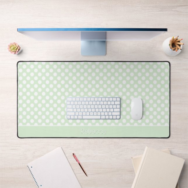 White Polka Dot on Pale Green Pattern with Name Desk Mat (Office 1)