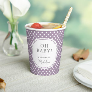 White Polka Dot Pattern Oh Baby Shower Dusty Lilac Paper Cups