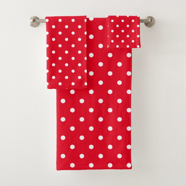 White Polka Dot Pattern On Red Background Bath Towel Set (Insitu)