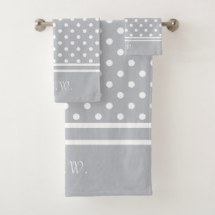 White Polka Dot Personalised Gray / Grey Bath Towel Set