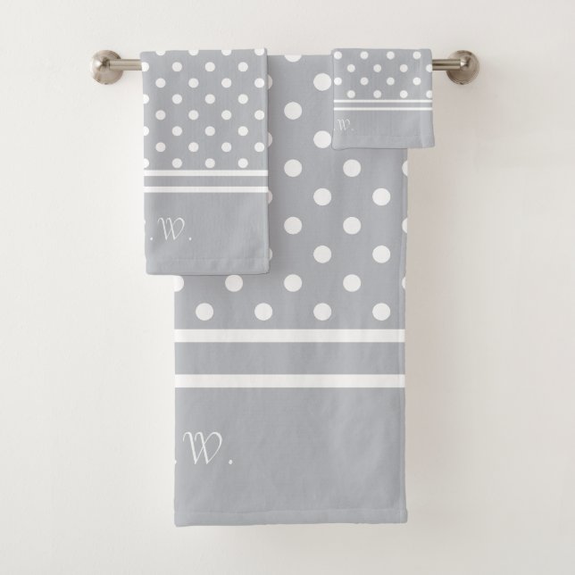 White Polka Dot Personalised Gray / Grey Bath Towel Set (Insitu)