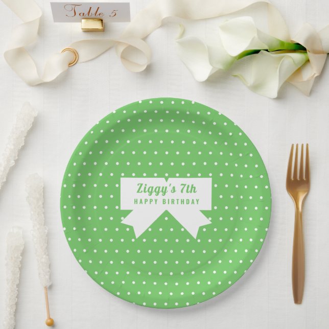 White Polka Dots Green Paper Plate (Wedding)