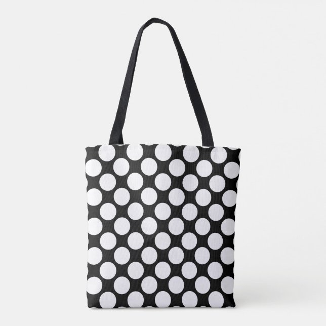White polka dots large on black tote bag (Back)