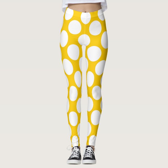 White polka dots large on Tangerine Yellow Orange Leggings (Front)