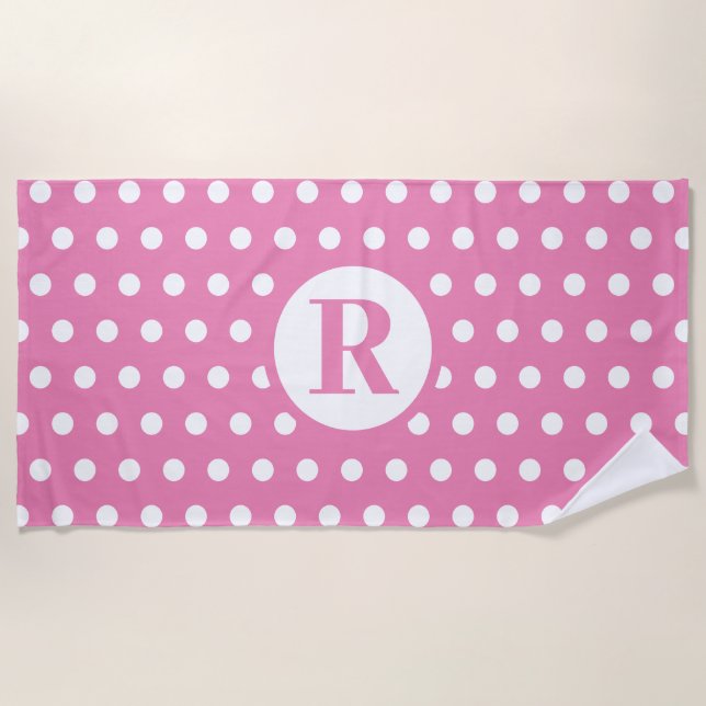 White Polka Dots Monogram Initial Baby Pink Cute Beach Towel (Front)