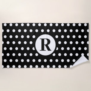 White Polka Dots Monogram Initial Black Stylish Beach Towel
