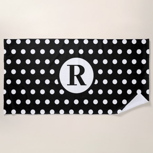 White Polka Dots Monogram Initial Black Stylish Beach Towel (Front)